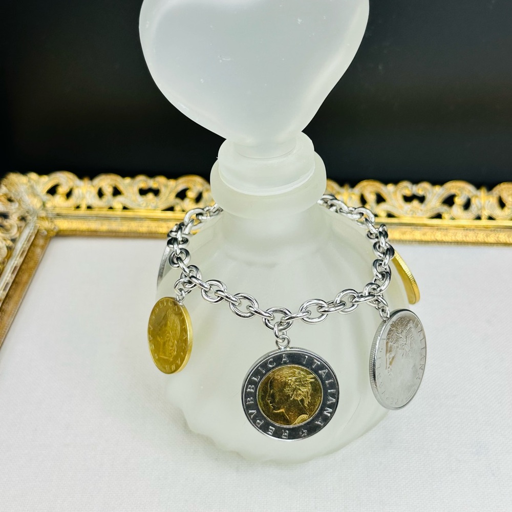 Italian Lira Coin Charm Bracelet in 925 Sterling Silver, Milor Italy, Sz 6.75